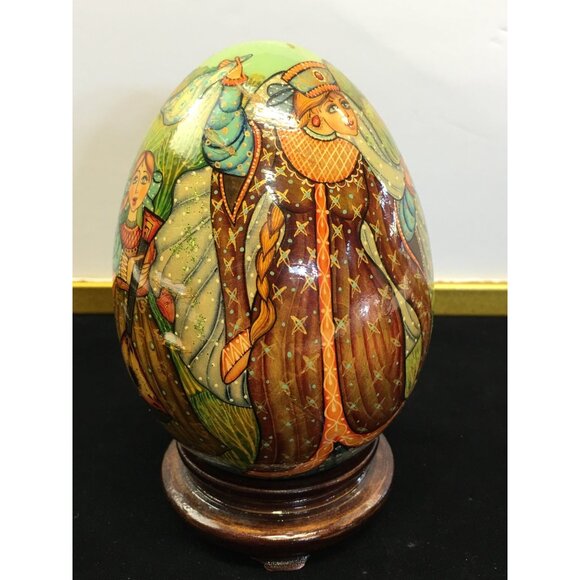 Vintage Russian Painted Lacquered Wooden Egg Folk Art with Stand 6'' Tall - Picture 3 of 14